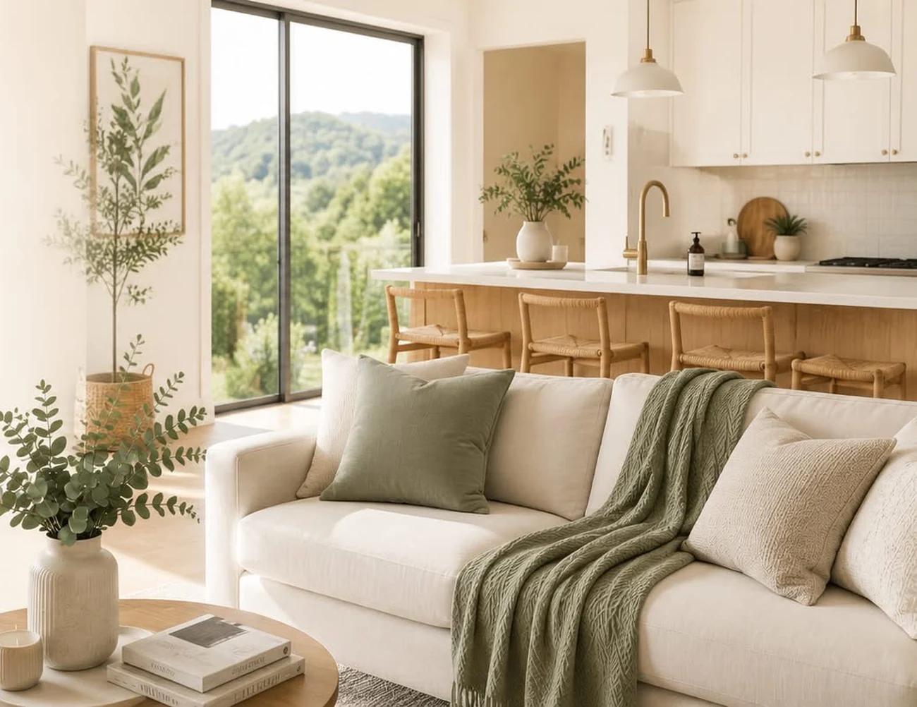 Bright, calm living room and kitchen in soft neutral tones